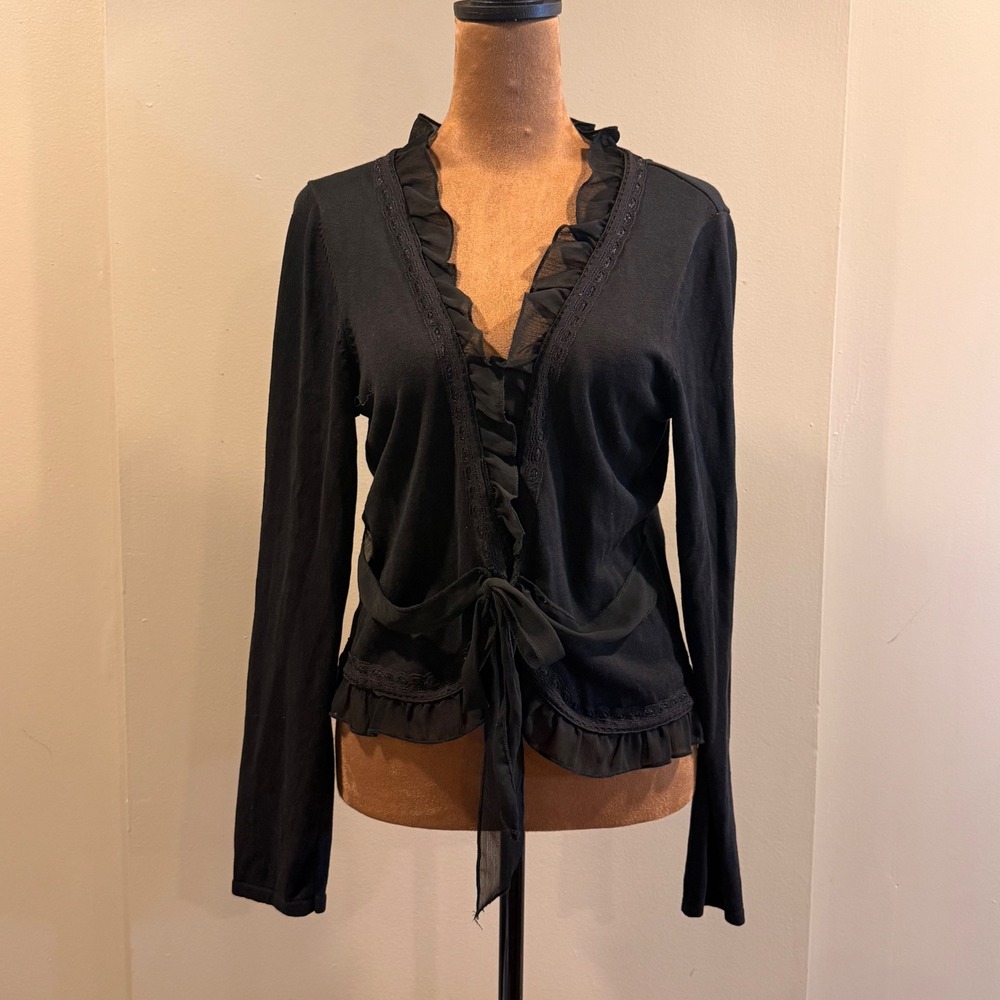 Fashion Instinct Cardigan Women M Black Silk Blend Ruffle Tie Front Whimsigoth